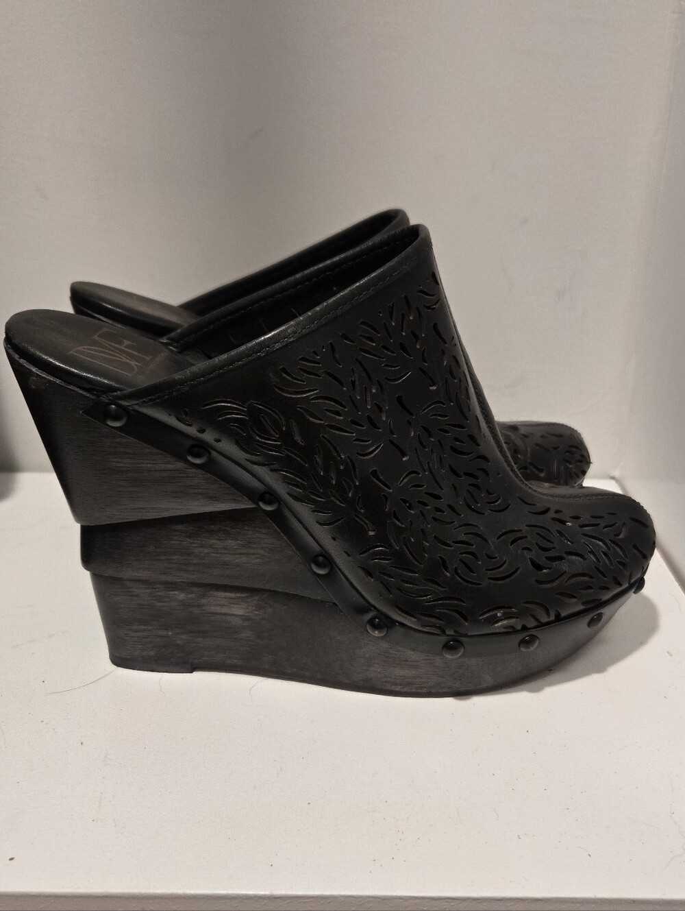 Diane Von Furstenberg Black Laser-Cut Wedge Mules